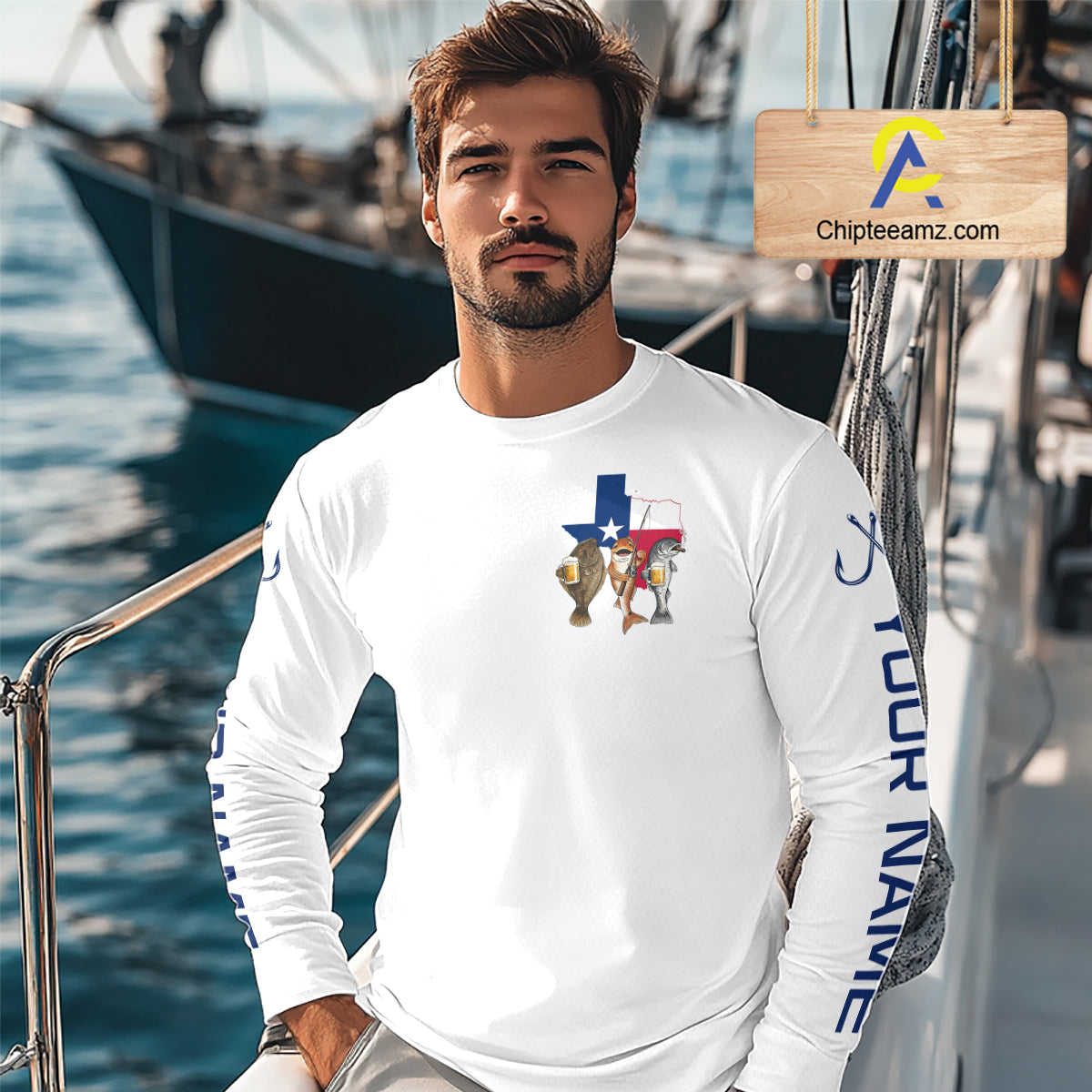 Texas Slam Funny Fishing Redfish, Trout, Flounder Fishing Shirts Long Sleeve For Men| White NHT843