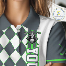 Load image into Gallery viewer, Gray and white checkered polo shirt with a unique design on a mannequin