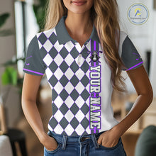 Load image into Gallery viewer, Person wearing a checkered polo shirt with customizable text in an indoor setting