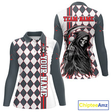 Load image into Gallery viewer, Long-sleeve shirt with checkered pattern and grim reaper design, featuring 'Your Name' and 'Team Name' text on a white background.