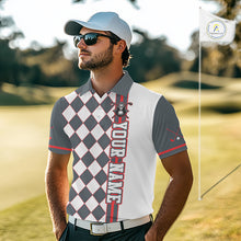 Load image into Gallery viewer, Man wearing a custom golf shirt with 'Your Name' on a golf course