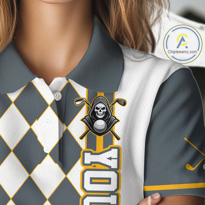 Gray and white checkered polo shirt with a skull and golf clubs design on a mannequin.