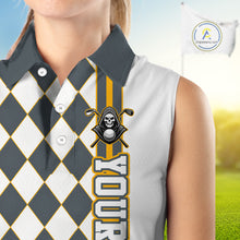 Load image into Gallery viewer, Sleeveless polo shirt with argyle pattern and skull design on a white background, branded 'ChipteeAmz'.