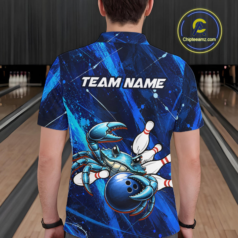 Person wearing a blue bowling shirt with a crab design and 'TEAM NAME' text in a bowling alley.