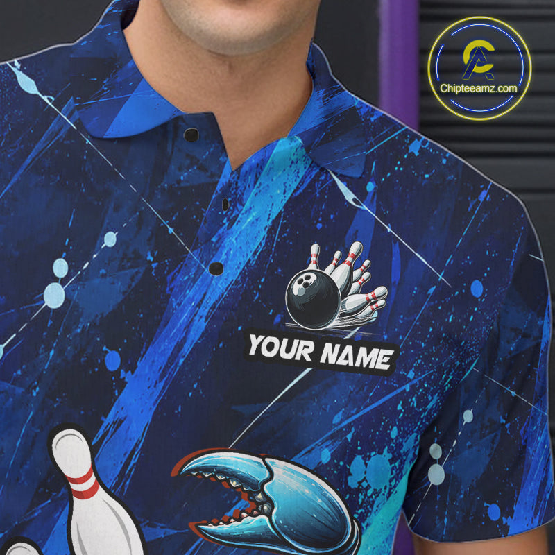 Blue bowling-themed shirt with graphics and 'Your Name' text on a dark background