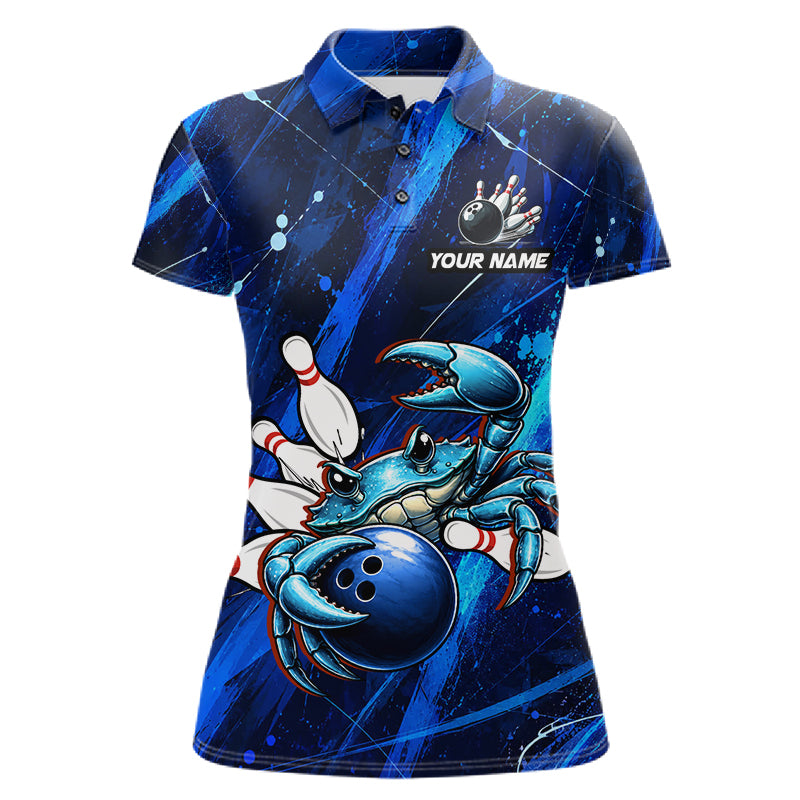 Personalized Blue Crab Women Bowling Shirt, Custom Royal Blue Splatter Jersey Polo & Quarter-Zip 