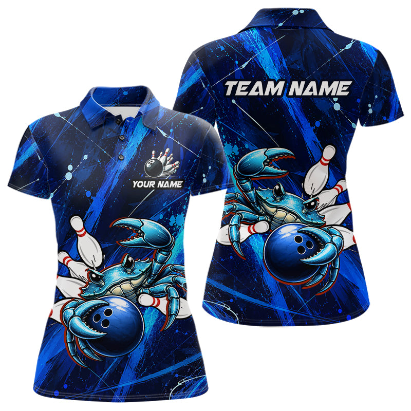 Personalized Blue Crab Women Bowling Shirt, Custom Royal Blue Splatter Jersey Polo & Quarter-Zip 