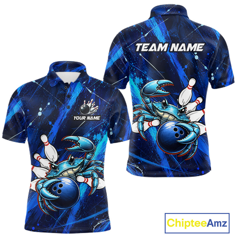 Blue polo shirt with crab and bowling design, customizable text, and Chiptee Amz branding.