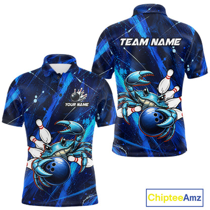 Blue polo shirt with crab and bowling design, customizable text, and Chiptee Amz branding.