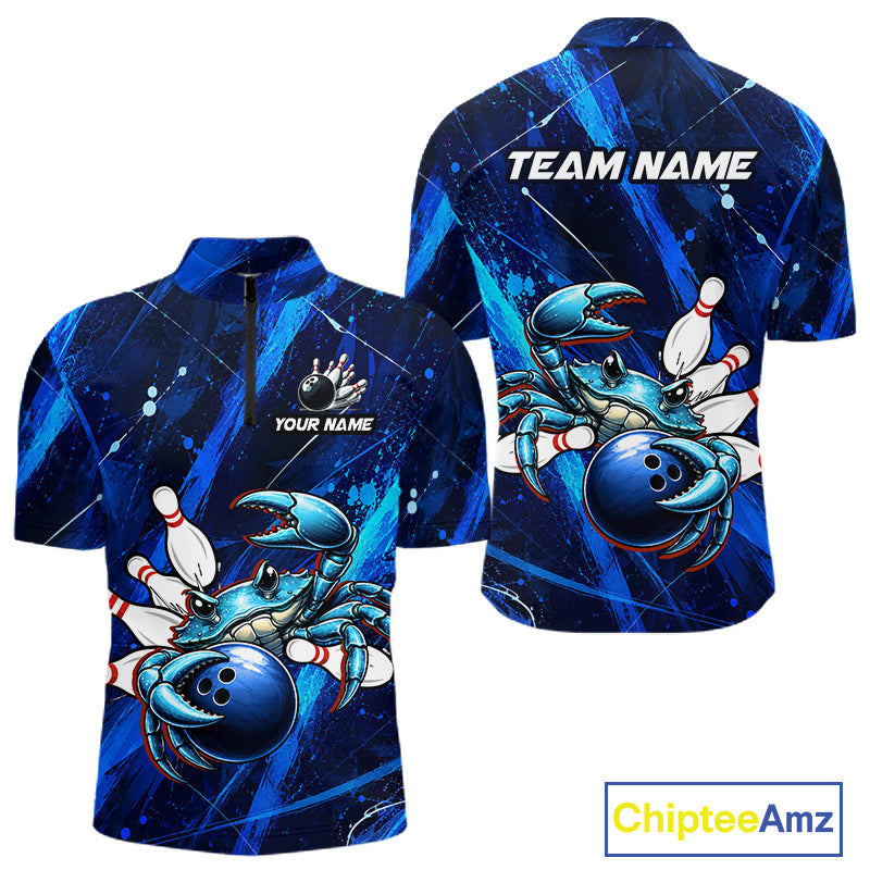 Blue bowling-themed shirt with a crab design, customizable text, and Chiptee Amz branding.