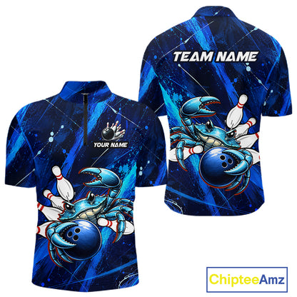 Blue bowling-themed shirt with a crab design, customizable text, and Chiptee Amz branding.