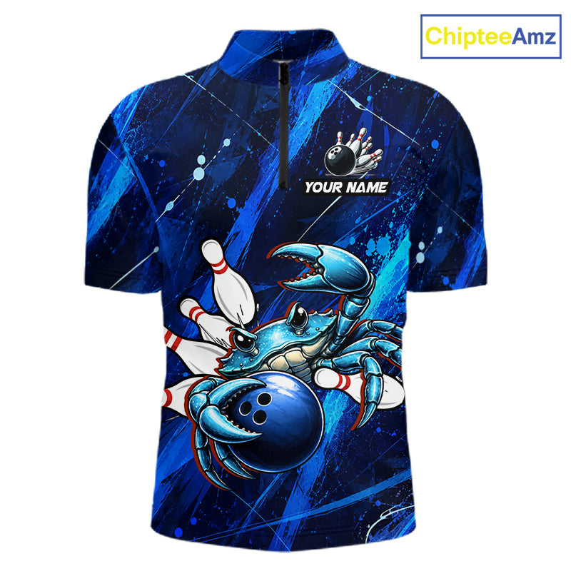 Blue bowling-themed shirt with a crab design and 'Your Name' text on a white background.