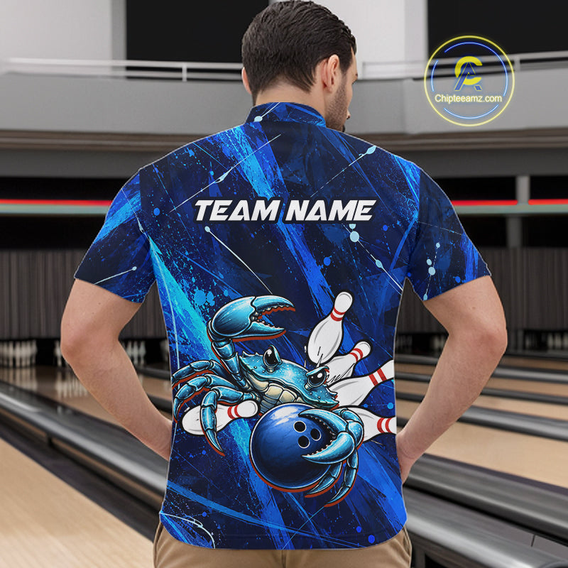 Personalized Blue Crab Bowling Shirt, Custom Royal Blue Splatter Jersey Polo & Quarter-Zip NHT1171