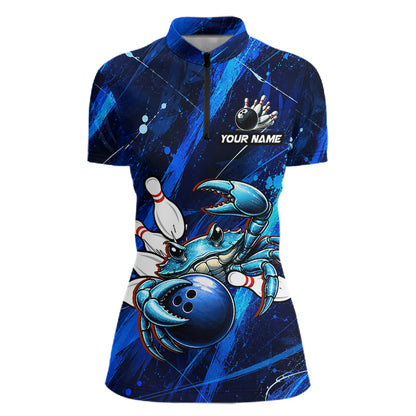 Bowling jersey with a blue crab design and customizable text on a white background