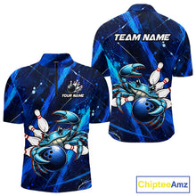 Load image into Gallery viewer, Blue bowling-themed shirt with a crab design, customizable text, and Chiptee Amz branding.