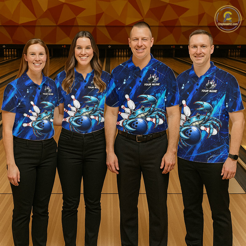 Personalized Blue Crab Bowling Shirt, Custom Royal Blue Splatter Jersey Polo & Quarter-Zip NHT1171