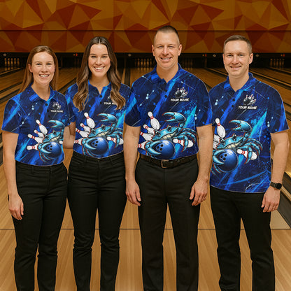 Personalized Blue Crab Women Bowling Shirt, Custom Royal Blue Splatter Jersey Polo & Quarter-Zip NHT1171