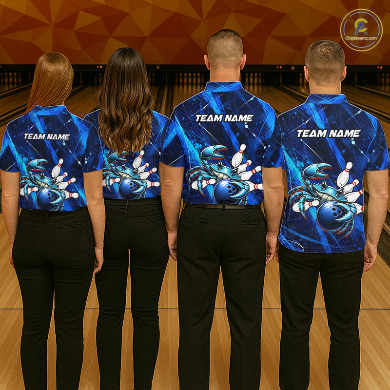 Personalized Blue Crab Bowling Shirt, Custom Royal Blue Splatter Jersey Polo & Quarter-Zip NHT1171