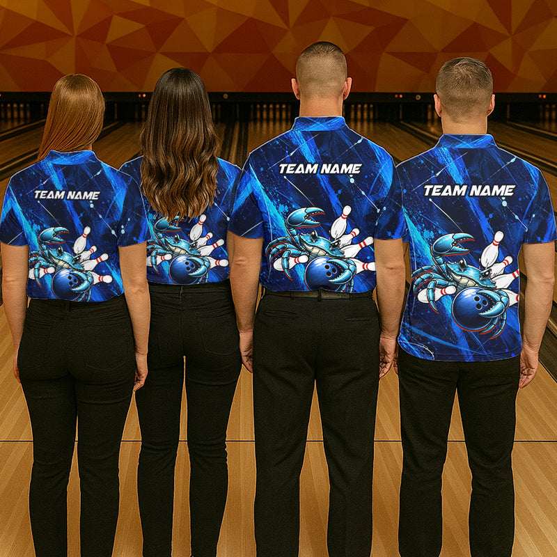 Personalized Blue Crab Women Bowling Shirt, Custom Royal Blue Splatter Jersey Polo & Quarter-Zip NHT1171