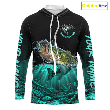 Largemouth Bass Fishing Shirt Long Sleeve Hooded For Tournament – Angler Gift For Men Dad| Turquoise NHT850