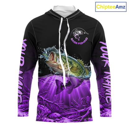 Largemouth Bass Fishing Shirt Long Sleeve Hooded For Tournament – Angler Gift For Men Dad| Purple NHT852
