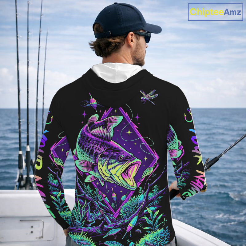 Neon Bass Fishing Shirts Long Sleeve Hooded  – Largemouth Bass Galaxy Glow Graphic Gift For Men Dad  NHT853