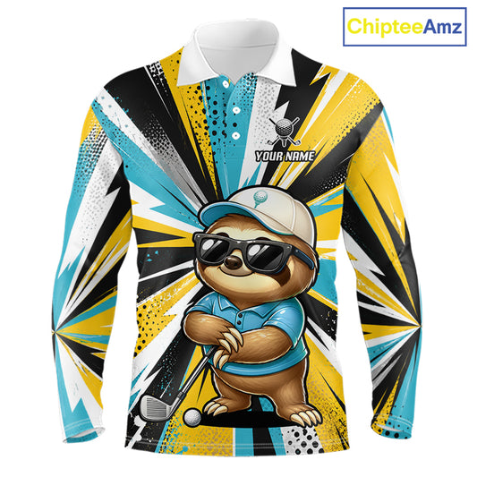 A long-sleeve polo shirt with a colorful all-over graphic print featuring a cartoon sloth wearing sunglasses and a cap, holding a golf club. The background of the shirt has a dynamic yellow, black, and blue burst pattern.