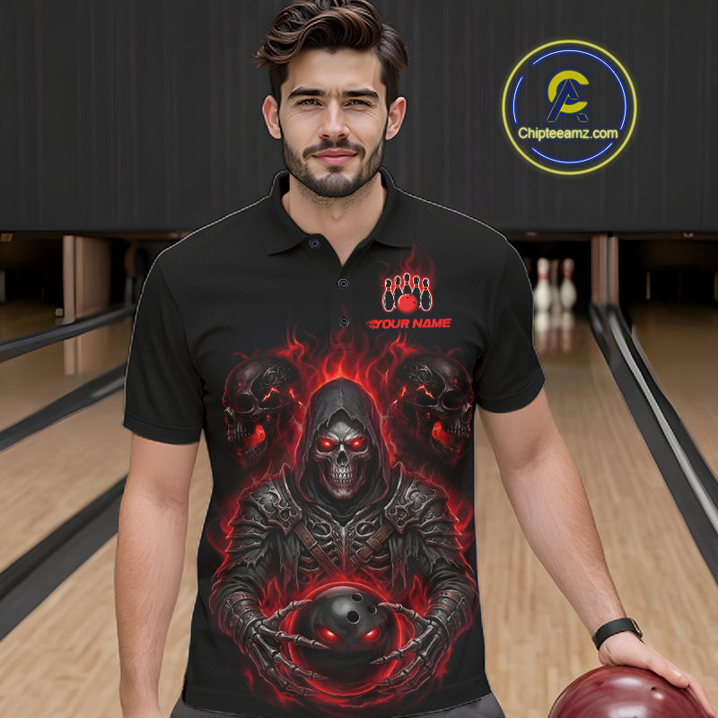 A man wearing a black short-sleeve polo shirt with a detailed red and black grim reaper graphic holding a bowling ball, standing in a bowling alley. A circular 'Chipleeamz.
