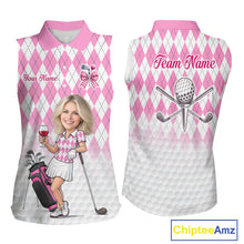 Load image into Gallery viewer, Personalized Argyle Style Funny Womens Sleeveless Golf Polo Shirt Gift For Mother Day – Custom Face Portrait Cartoon Design NHT662