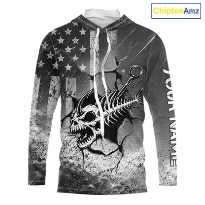 American Flag Fishing Fish Hook Skull Personalized Fishing Shirts, Hooded Patriotic Fishing Shirt Gift For Men NHT665