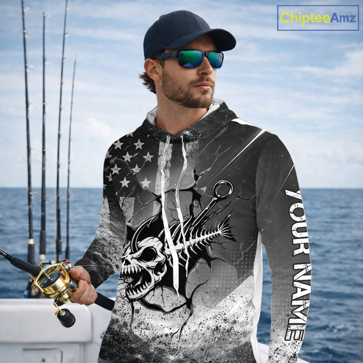 American Flag Fishing Fish Hook Skull Personalized Fishing Shirts, Hooded Patriotic Fishing Shirt Gift For Men NHT665