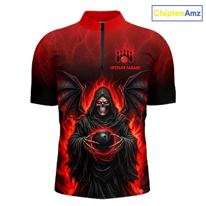 A short-sleeve quarter-zip cycling jersey with a red and black gradient background, featuring a detailed graphic of a hooded grim reaper with bat wings holding a black bowling ball, surrounded by red flames. The chest has a placeholder logo and the text 'YOUR NAME'.