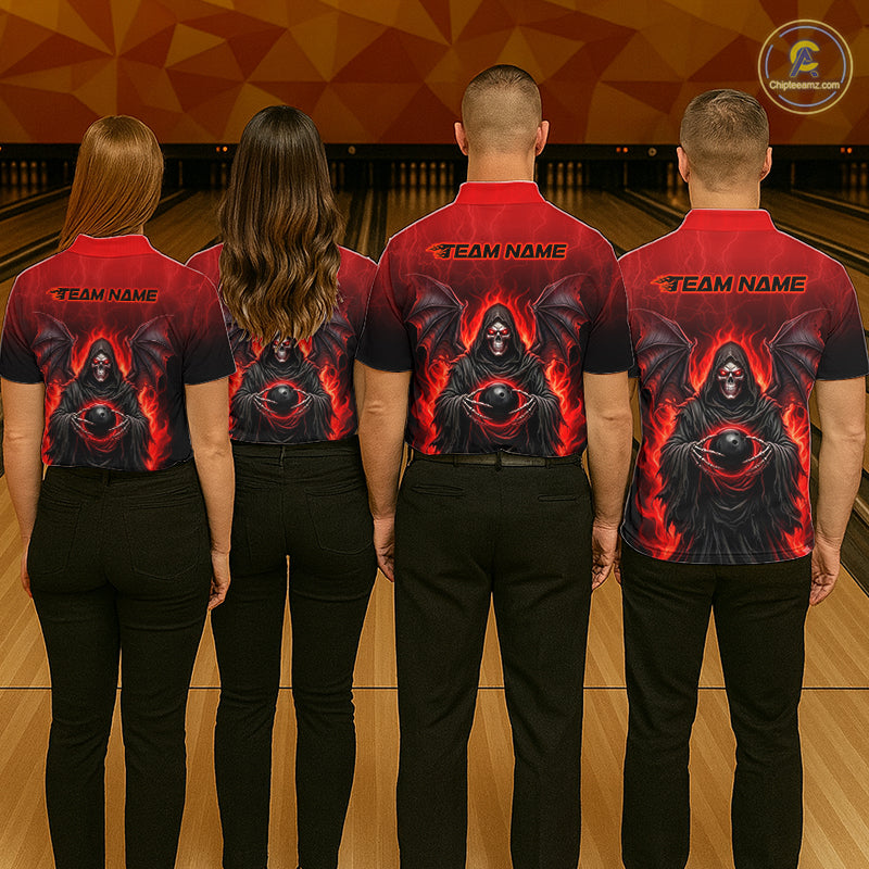 Personalized Grim Reaper Women Bowling Polo Shirt, Custom Team Name 1/4 Zip Bowling Jersey|Red NHT1320