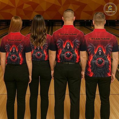 Personalized Grim Reaper Women Bowling Polo Shirt, Custom Team Name 1/4 Zip Bowling Jersey|Red NHT1320