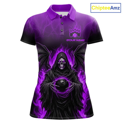 A short-sleeve polo shirt with a gothic grim reaper design, featuring a black and purple hooded figure holding a bowling ball with purple flames and lightning effects. The shirt has a purple collar and a 'YOUR NAME' bowling pin graphic on the left chest, shown on a plain white background with a 'ChipteeAmz' logo in the top right corner.