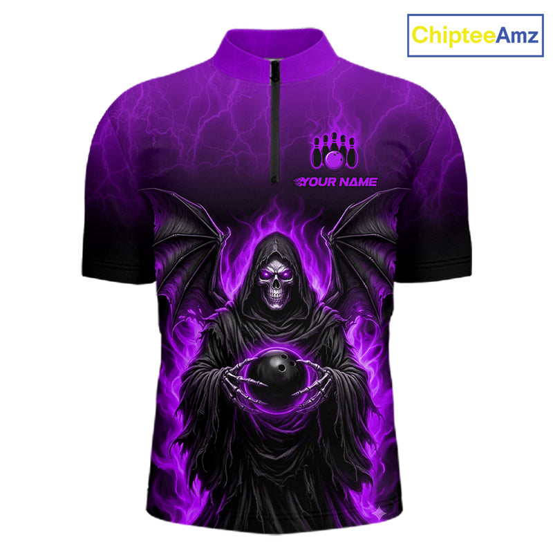 A short-sleeve cycling jersey with a purple and black graphic of a hooded grim reaper holding a bowling ball, with purple lightning effects. Features a mock neck, black zipper, and a customizable name print on the chest.