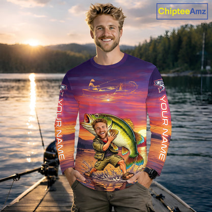 Custom Fathers Day Bass Fishing Shirts Long Sleeve With Face, Personalized Funny Dad Fishing Button Shirt NHT679
