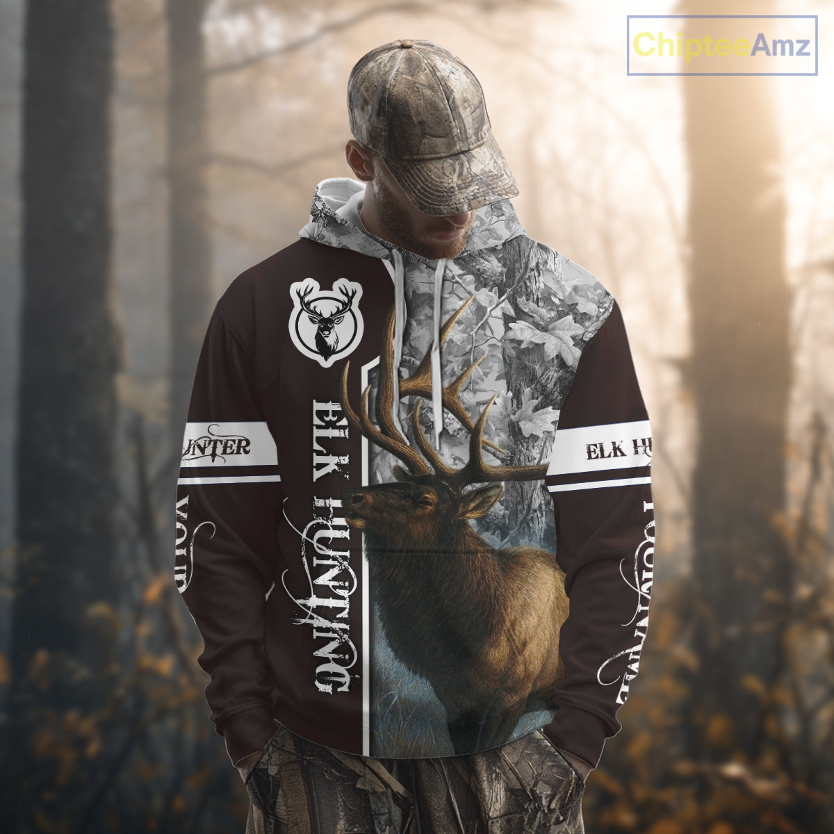 Elk Hunting Shirt Personalized 3D All Over Print Brown With Gray Camo Hunting Clothes NHT99