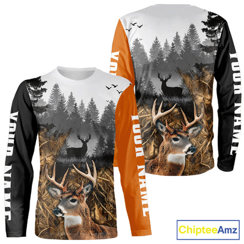 Whitetail Deer Hunting Shirt  – Blaze Orange Camo Black Custom Name 3D Print NHT290
