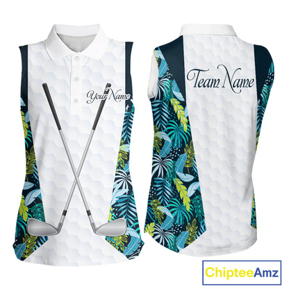 Personalized Green Tropical Plants Pattern Womens Sleeveless Golf Polo Shirts Custom Golf Tops NHT689