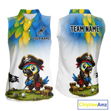 Load image into Gallery viewer, Womens sleeveless golf polo shirt with pirate parrot graphic, personalized name and team, sporty pirate bird golf top.