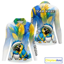 Load image into Gallery viewer, Close up of personalized parrot womens golf polo shirt, custom name area, breathable polyester fabric