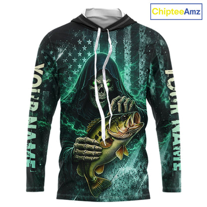 Custom Team Name Grim Reaper Bass Fishing With American Flag - Hooded Patriotic Bass Fishing Jersey NHT515