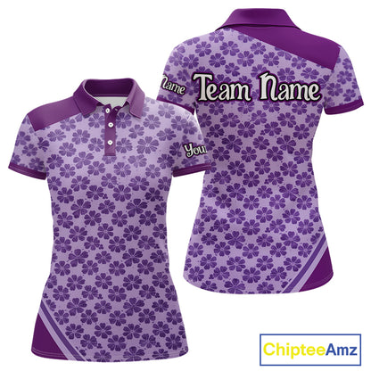 Custom Womens Purple Floral Golf Polo, Personalized Violet Flower Golf Shirt With Name NHT696