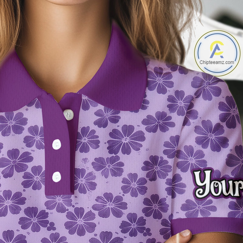 Custom Womens Purple Floral Golf Polo, Personalized Violet Flower Golf Shirt With Name NHT696