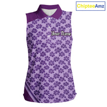 Load image into Gallery viewer, Custom Womens Sleeveless Purple Floral Golf Polo, Personalized Violet Flower Golf Shirt With Name NHT696