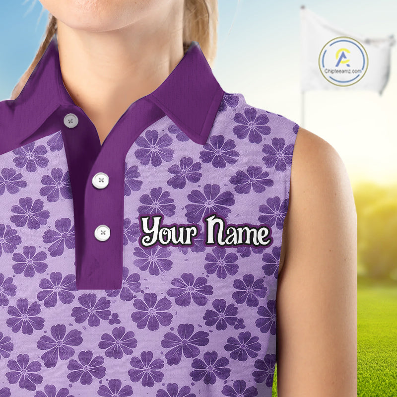 Custom Womens Sleeveless Purple Floral Golf Polo, Personalized Violet Flower Golf Shirt With Name NHT696