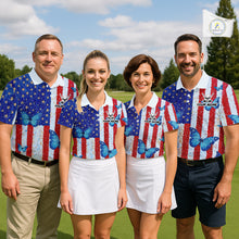 Load image into Gallery viewer, Personalized Blue Butterfly American Flag Polo – Custom Name Patriotic Golf Polo Shirt NHT1034