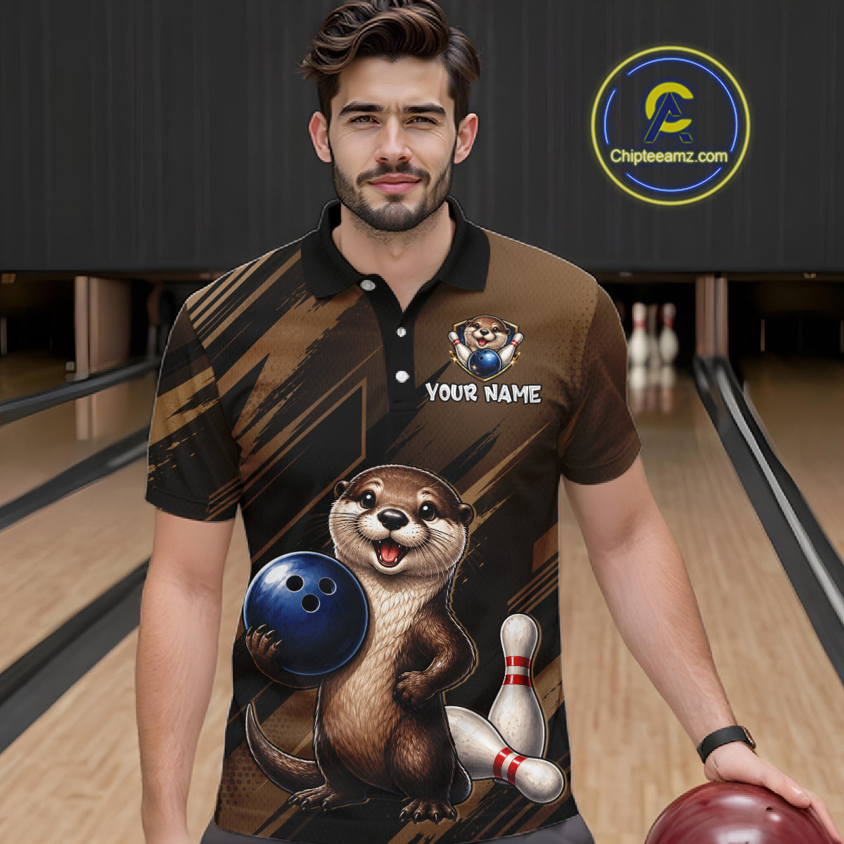 Men's Custom Otter Bowling Polo Shirt & 1/4 Zip Pullover Personalized Team Jersey With Name Gift NHT1202