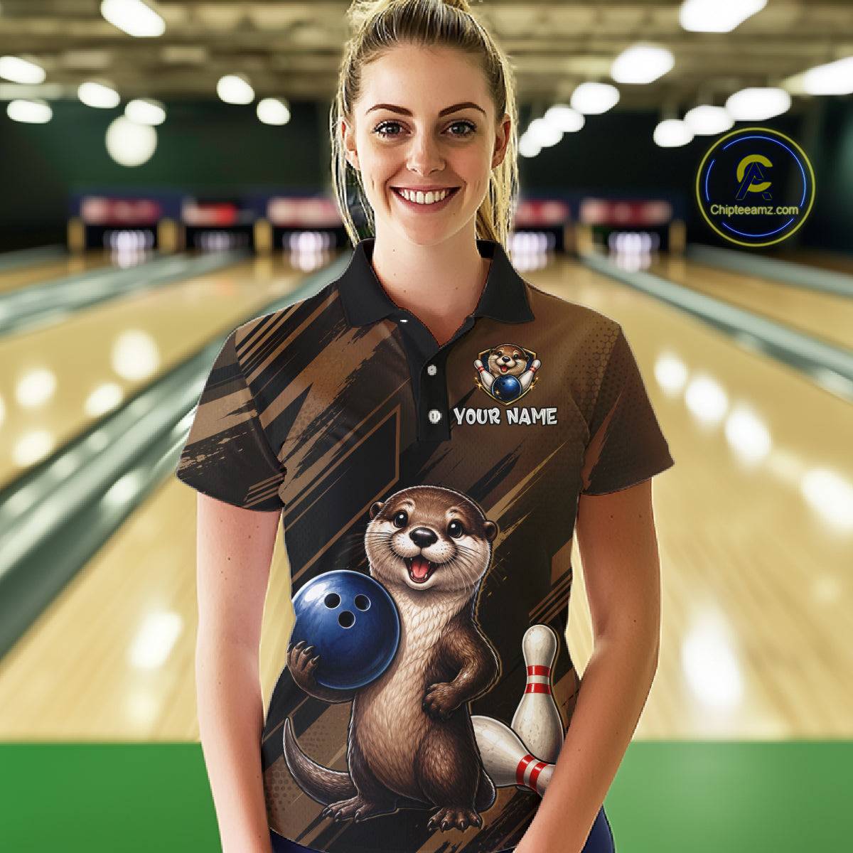 Women's Custom Otter Bowling Polo Shirt & 1/4 Zip Pullover Personalized Team Jersey With Name Gift NHT1202